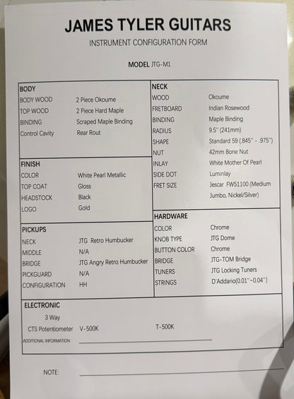 James Tyler JTG-M1 White Pearl Guitar